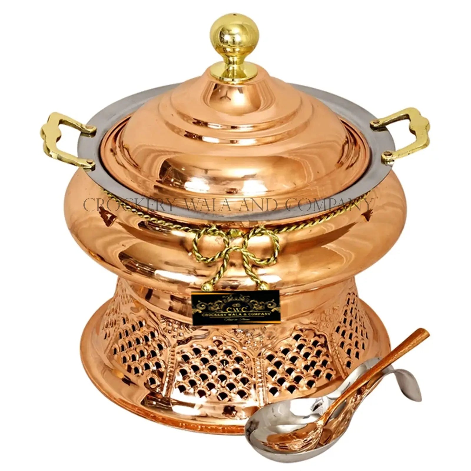Crockery Wala And Company Copper Steel Chaffing Dish With Stand & Copper Steel Spoon 4 Liters - CROCKERY WALA AND COMPANY 