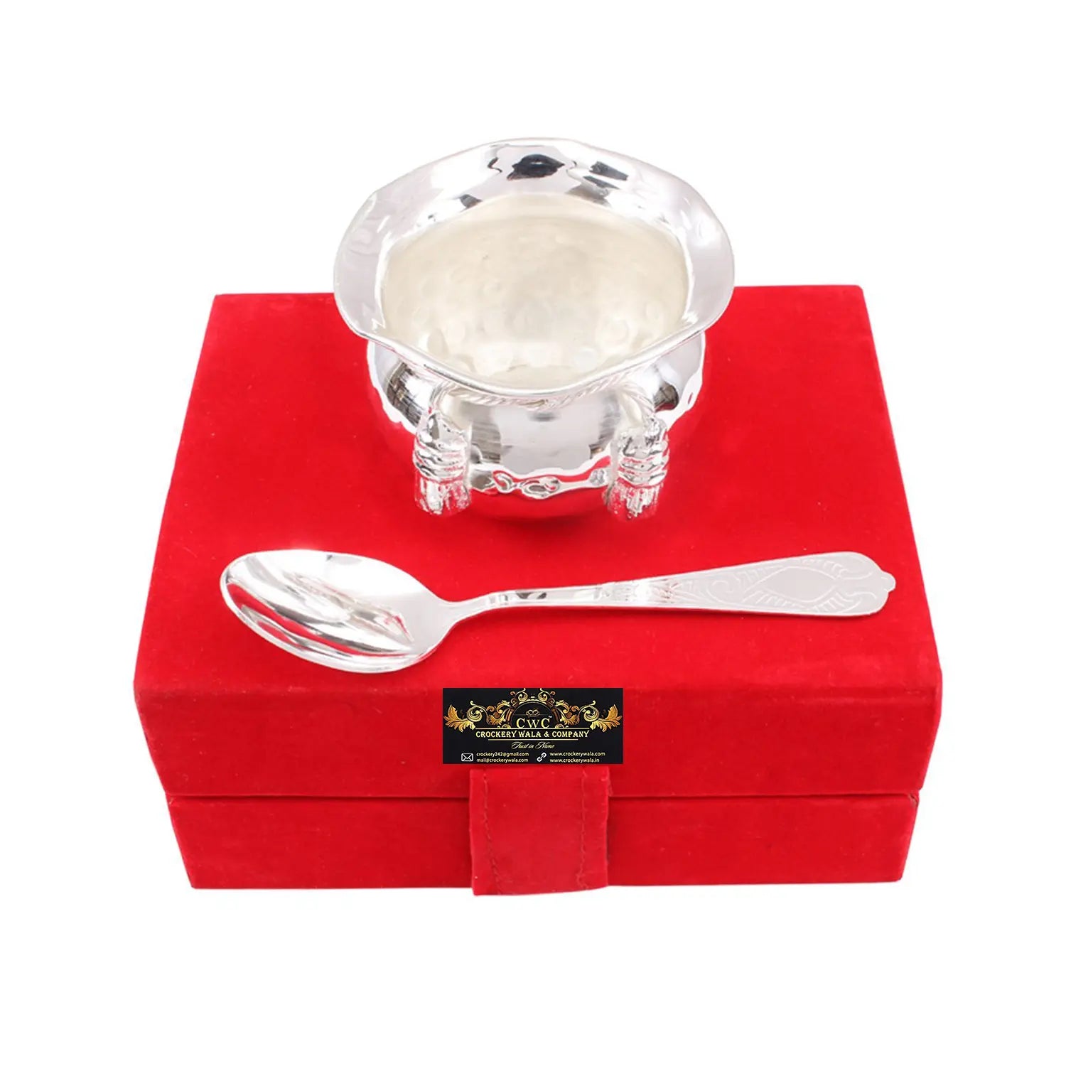 Crockery Wala And Company  Silver Plated Set of 1 M Design Bowl with 1 Spoon | for Serving Dessert Icecream Home Hotel | Decorative Diwali Gift Item - CROCKERY WALA AND COMPANY 