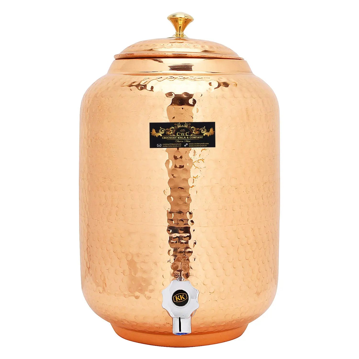 CROCKERY WALA AND COMPANY Jointless 8 Ltr Copper Water Dispenser and 4 Hammered Barrel Mugs - CROCKERY WALA AND COMPANY 