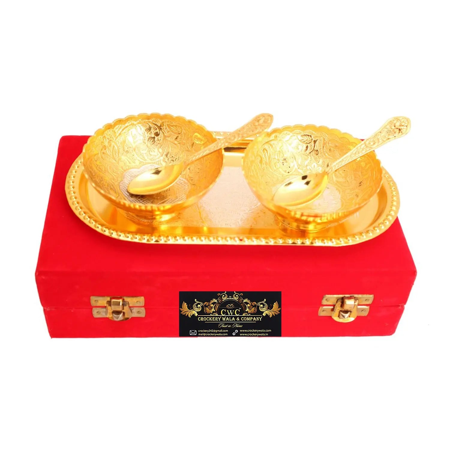 Crockery Wala & Company Silver Plated Gold Polished Bowl Set with 8 Spoons & 4 Tray, Set of 4, Diwali Gift Item - CROCKERY WALA AND COMPANY 