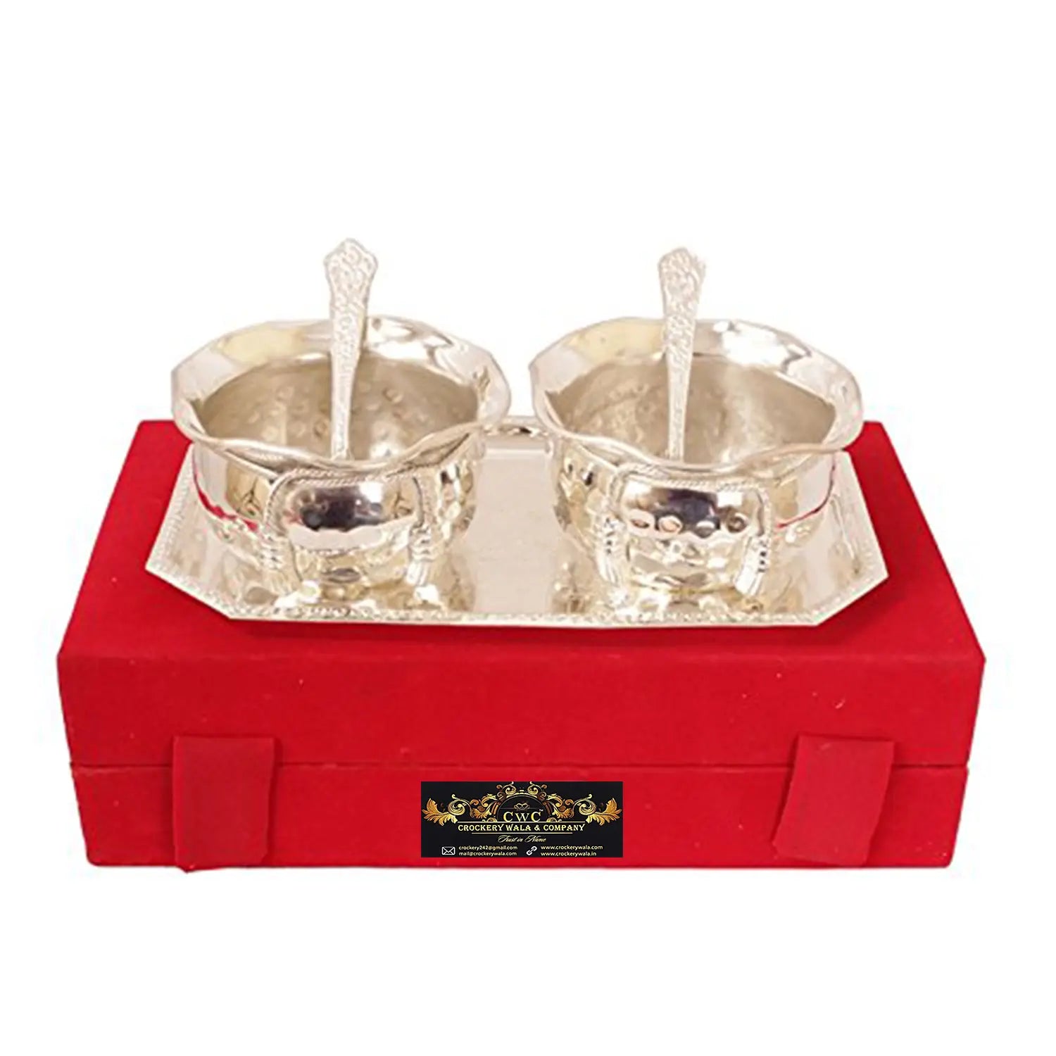 Crockery Wala & Company Silver Plated Bowl Set With Embossed Tray And 2 Spoon, 300 Ml Each, Service For 2 - CROCKERY WALA AND COMPANY 