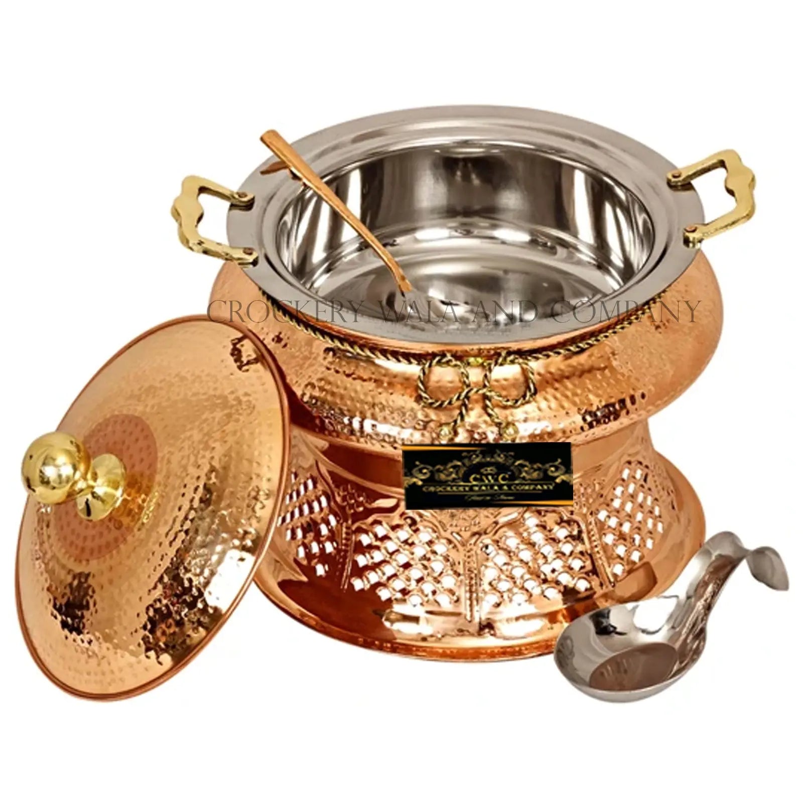 Crockery Wala And Company Copper Steel Chaffing Dish Hammered Design Chaffing Dish With Stand And Spoon 4 Liters - CROCKERY WALA AND COMPANY 