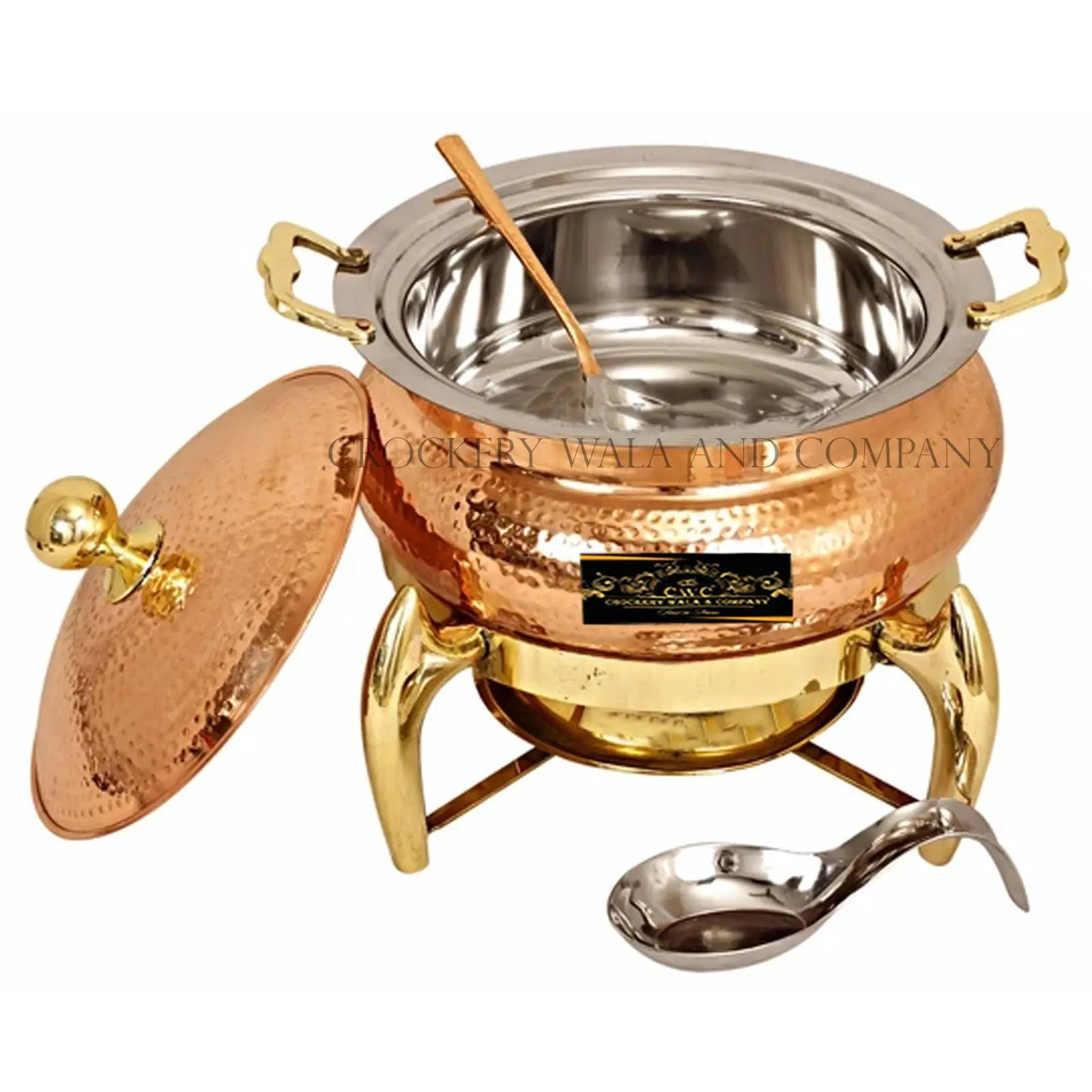 Crockery Wala And Company Pure Copper Kalai Chaffing Dish Hammered Design With Serving Spoon and Fuel Gel Stand 6000 ML - CROCKERY WALA AND COMPANY 