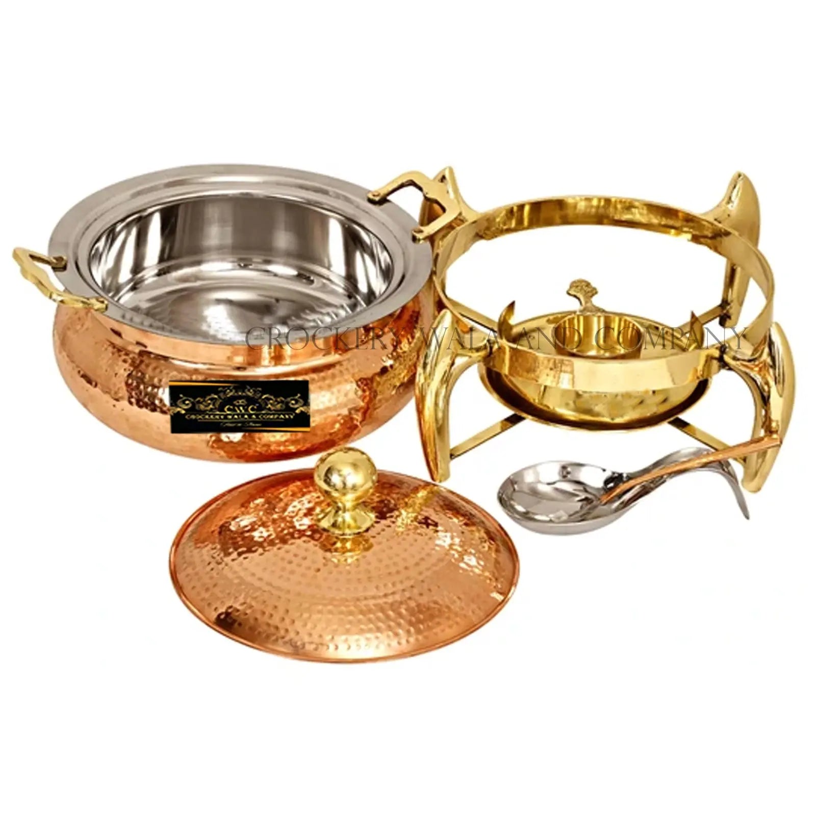 Crockery Wala And Company Pure Copper Kalai Chaffing Dish Hammered Design With Serving Spoon and Fuel Gel Stand 6000 ML - CROCKERY WALA AND COMPANY 