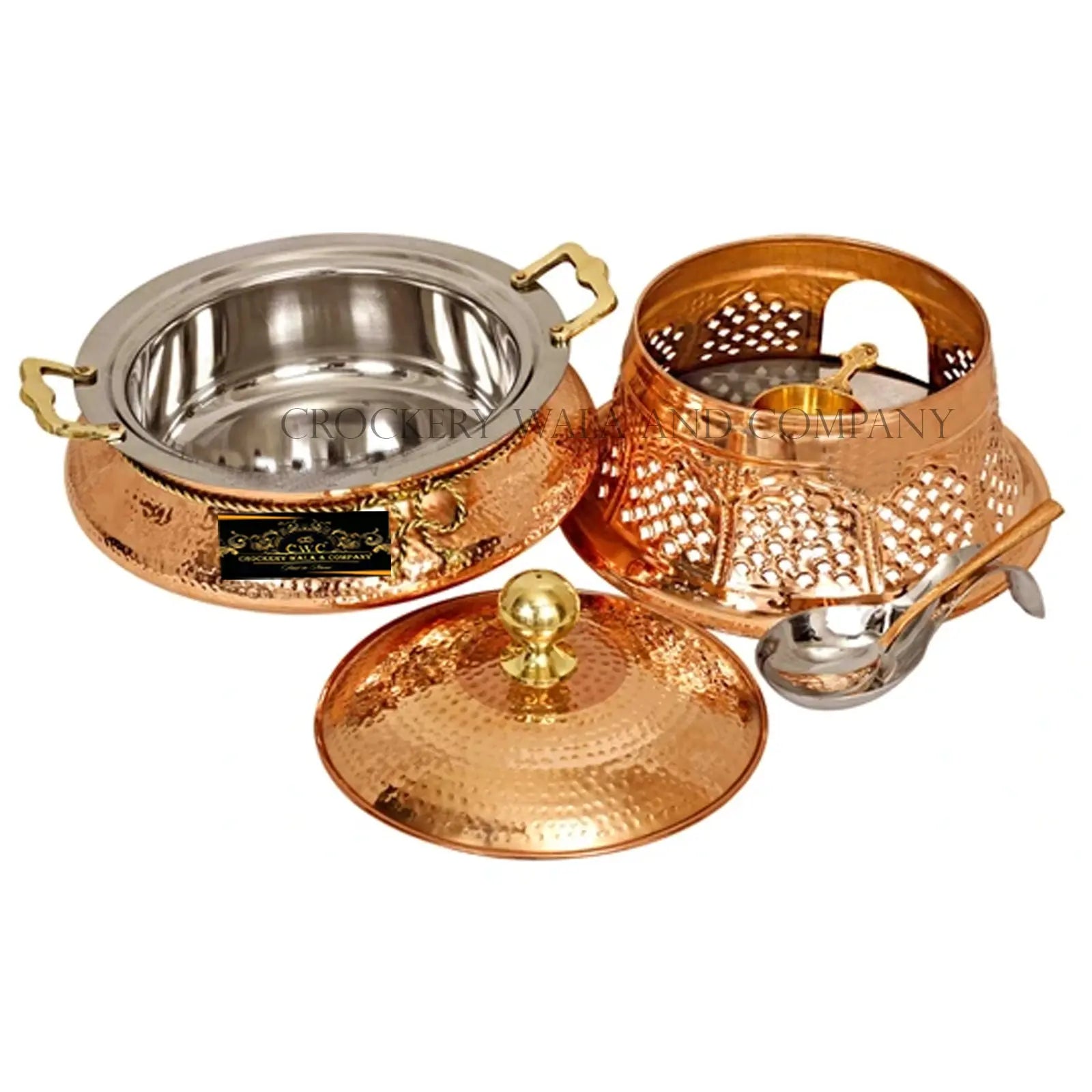 Crockery Wala And Company Copper Steel Chaffing Dish Hammered Design Chaffing Dish With Stand And Spoon 4 Liters - CROCKERY WALA AND COMPANY 