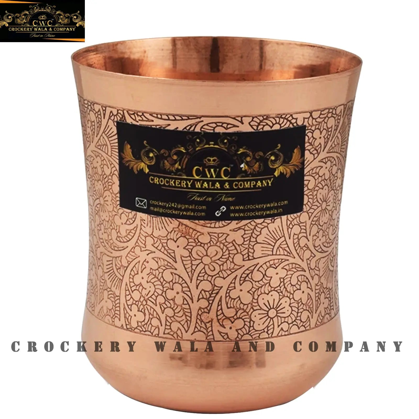 Pure Copper Curve Embosses Design Glass Tumbler for Serving and Drinking Water - CROCKERY WALA AND COMPANY 