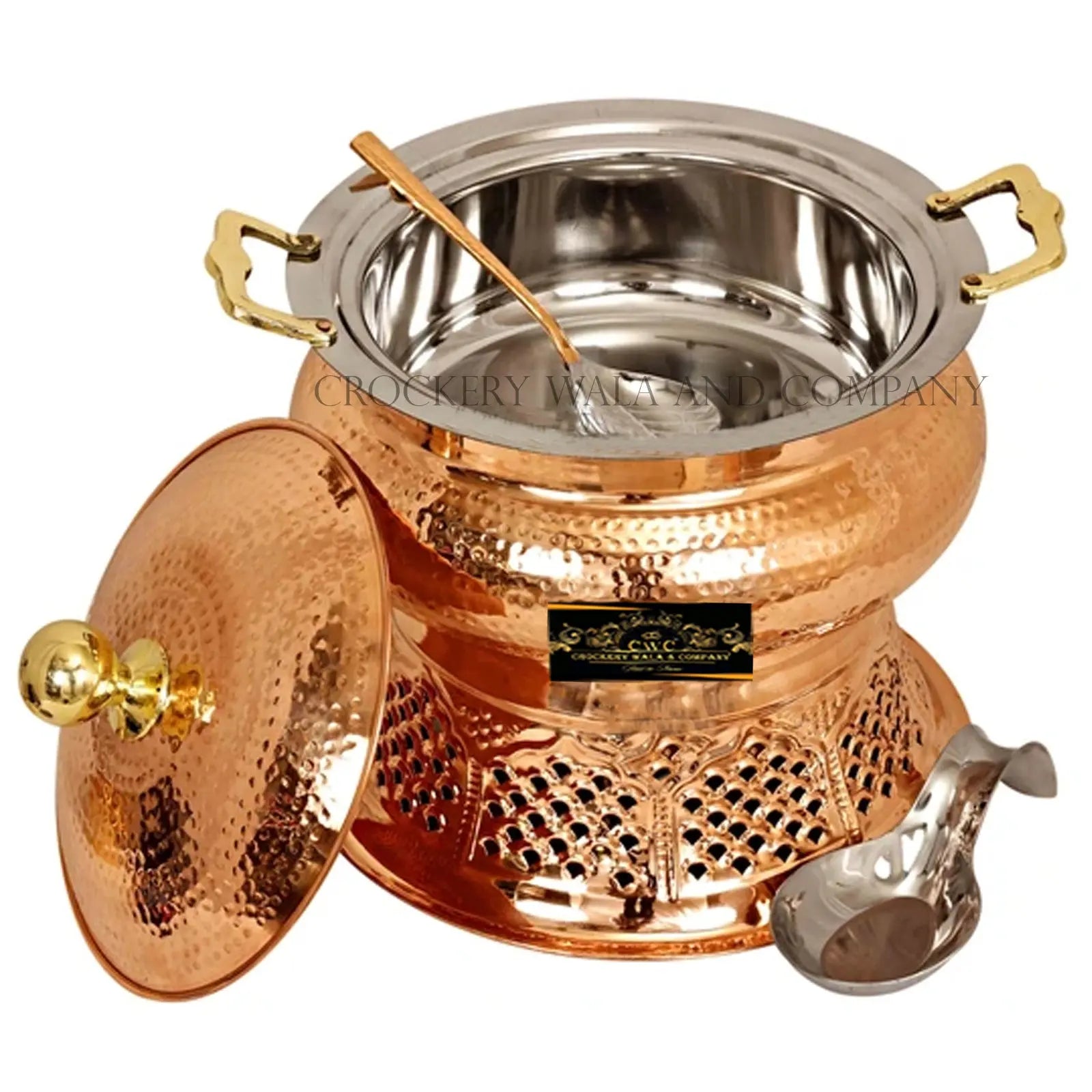 Crockery Wala And Company Copper Steel Chaffing Dish Hammered Design Chaffing Dish With Stand And Spoon 6 Liters - CROCKERY WALA AND COMPANY 