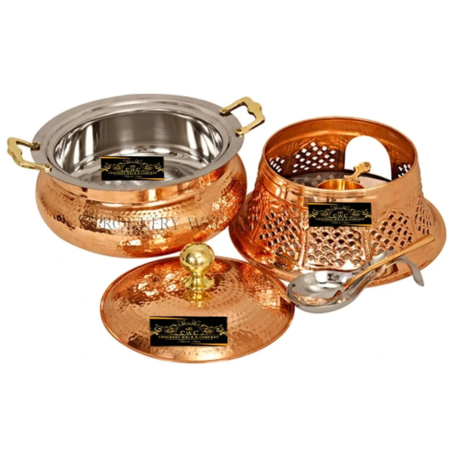 Crockery Wala And Company Copper Steel Chaffing Dish Hammered Design Chaffing Dish With Stand And Spoon 6 Liters - CROCKERY WALA AND COMPANY 