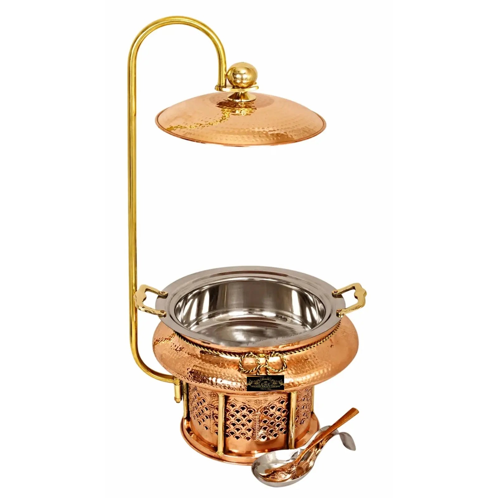 Crockery Wala And Company Copper Steel Chaffing Dish With Stand Hammered Copper Design 4 Liters - CROCKERY WALA AND COMPANY 