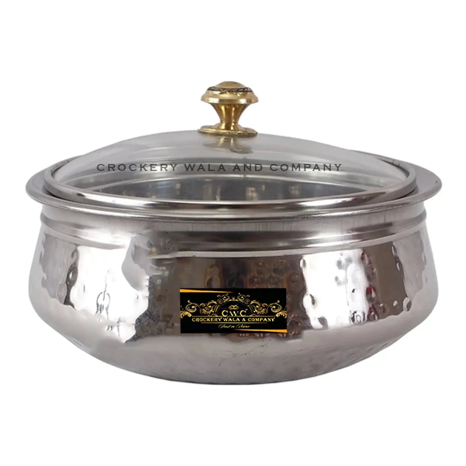 Crockery Wala And Company Steel Handi Stainless Steel Hammered Handi With Glass Lid Serving Bowl Handi 1250 ML - CROCKERY WALA AND COMPANY 