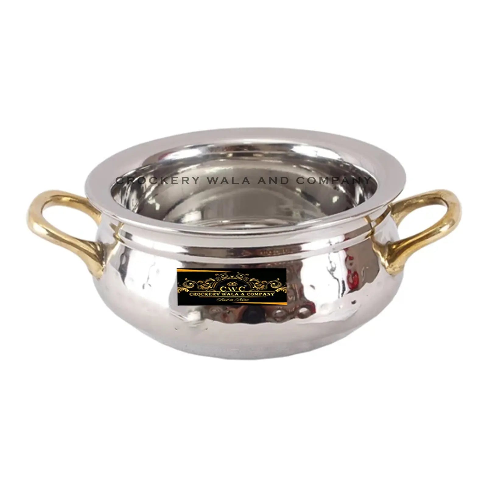 Crockery Wala And Company Steel Handi Hammered Design Bowl Handi For Serving With Brass Handles 400 ML - CROCKERY WALA AND COMPANY 