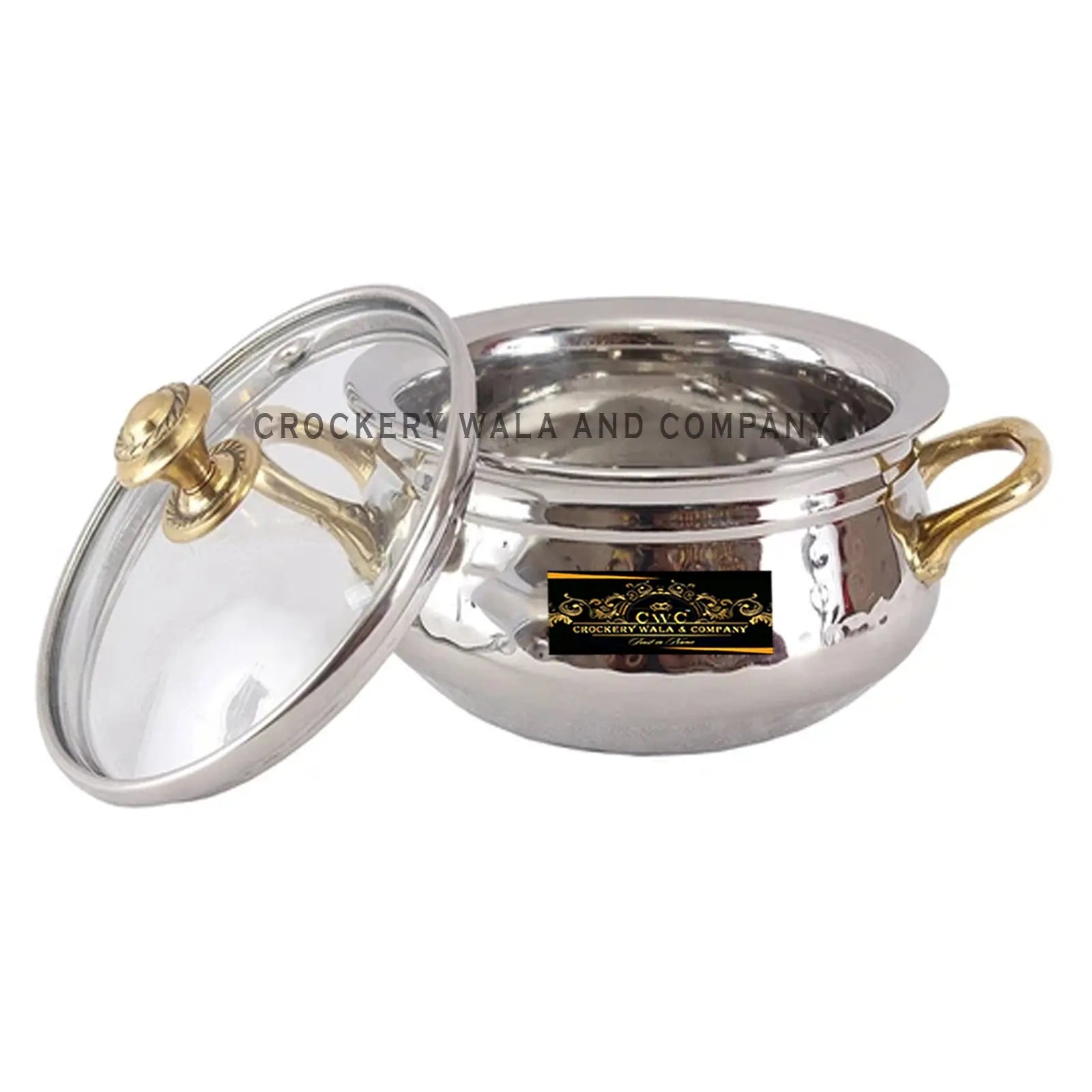 Crockery Wala And Company Steel Handi Hammered Stainless Steel Serving Handi With Glass Lid Brass Knob 350 ML - CROCKERY WALA AND COMPANY 