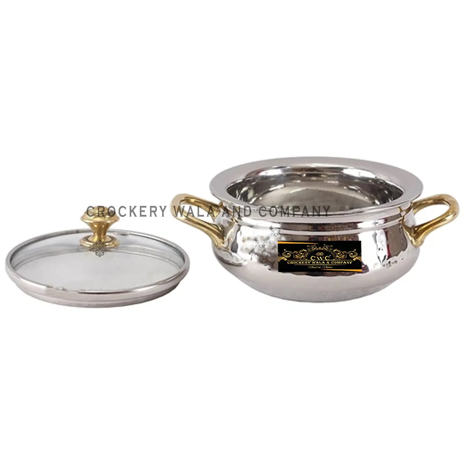 Crockery Wala And Company Steel Handi Hammered Stainless Steel Serving Handi With Glass Lid Brass Knob 350 ML - CROCKERY WALA AND COMPANY 
