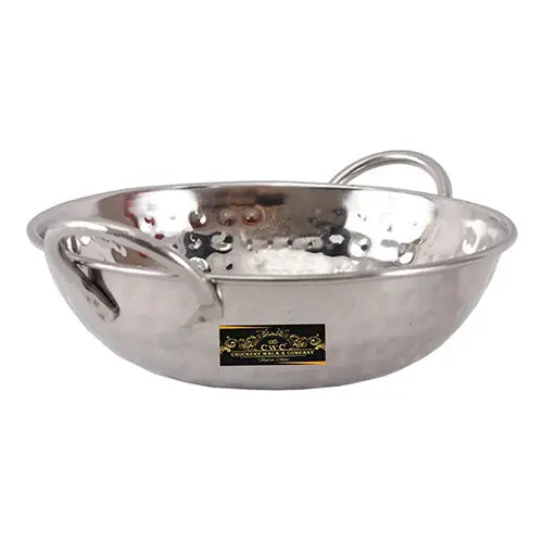 Crockery Wala And Company Steel Kadhai Hammered Finish Stainless Steel Kadhai With Handles For Serving Restaurant 550 ML - CROCKERY WALA AND COMPANY 