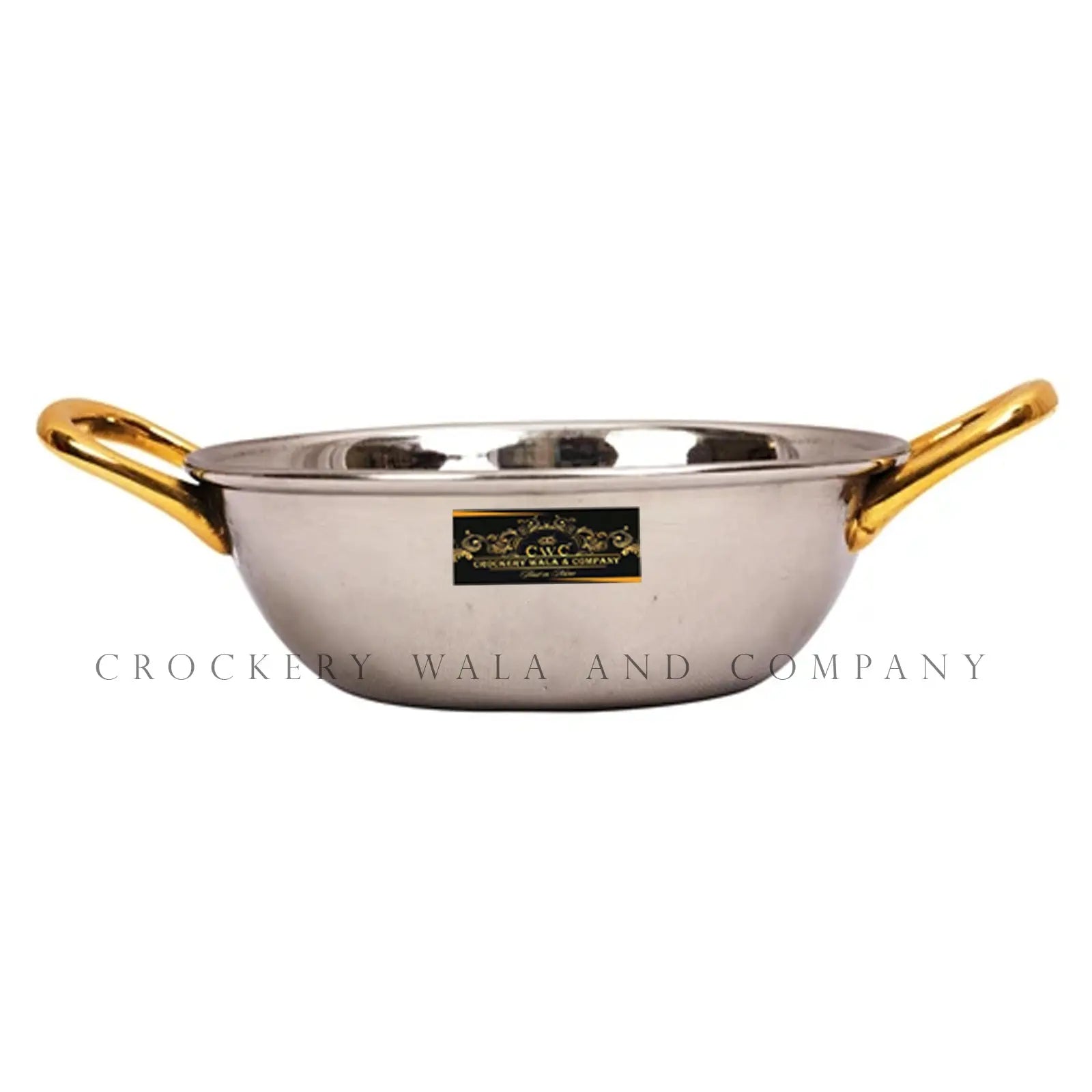 Crockery Wala And Company Stainless Steel Kadhai Bowl With Brass Handles For Serving Gravy, Curries 400 ML - CROCKERY WALA AND COMPANY 