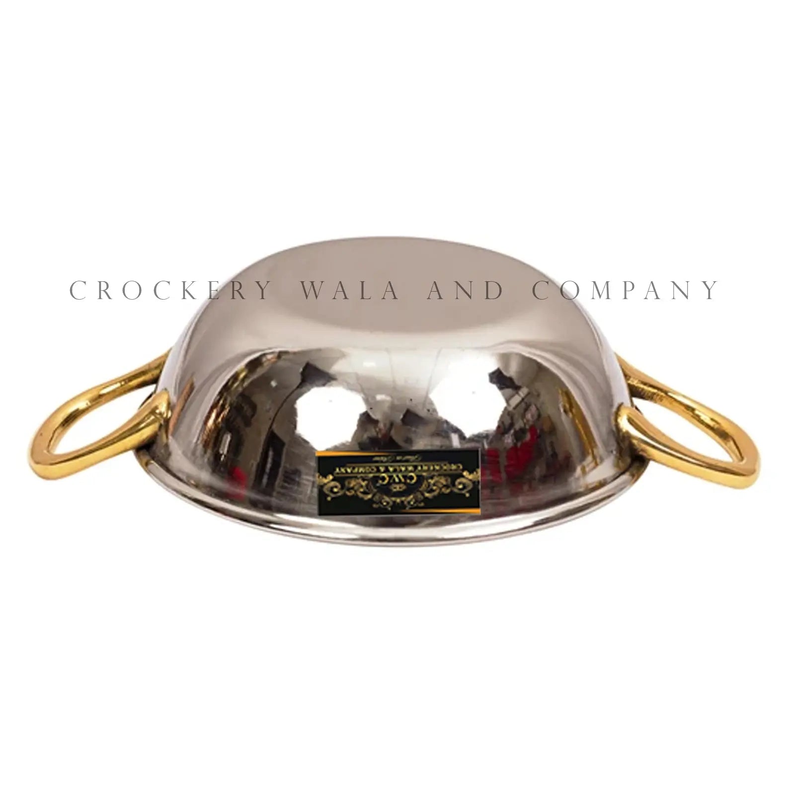 Crockery Wala And Company Stainless Steel Kadhai Bowl With Brass Handles For Serving Gravy, Curries 400 ML - CROCKERY WALA AND COMPANY 