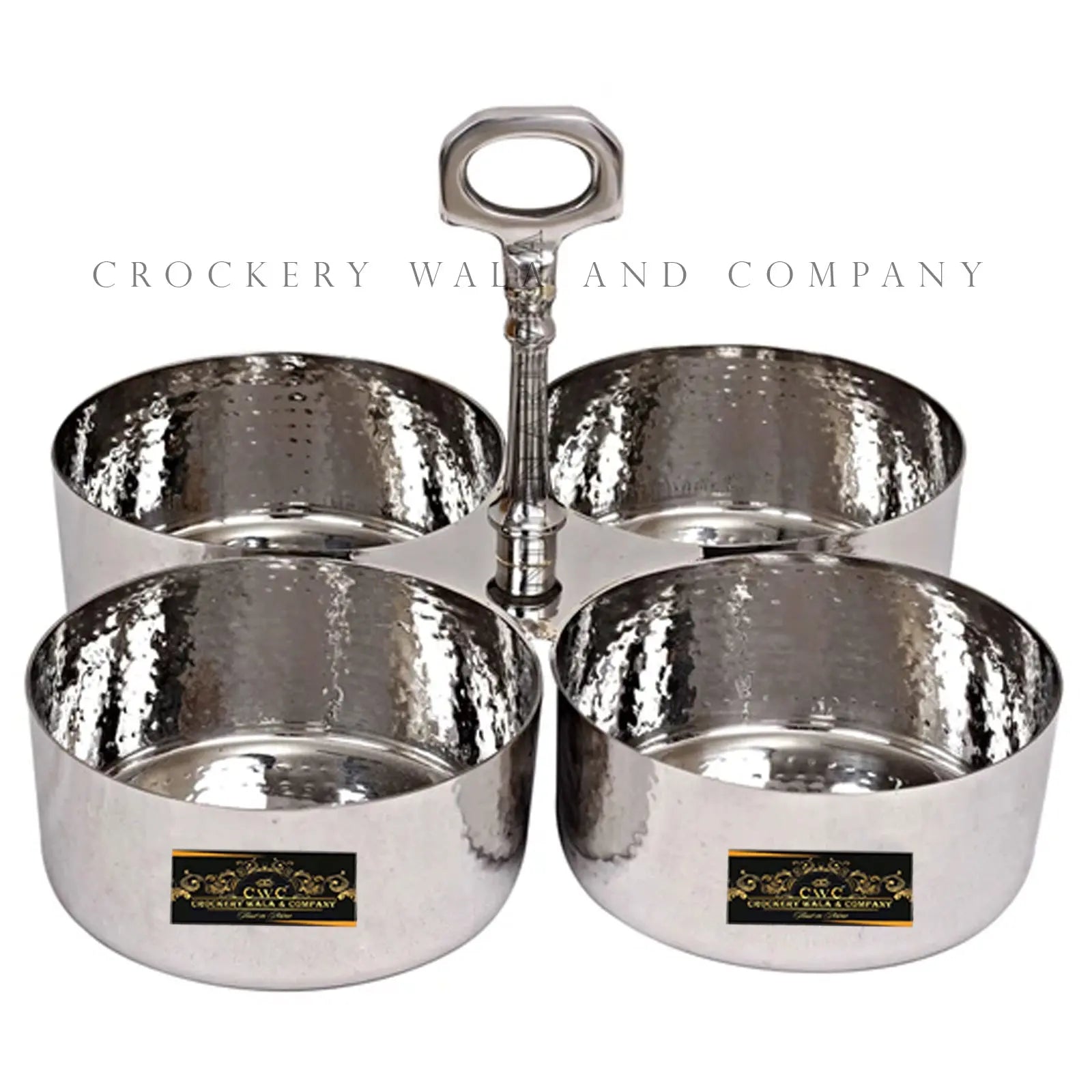 Crockery Wala And Company Stainless Steel Pickle Bowl Set Hammered Design Condimental Pickle Set With Handle 4 Containers - CROCKERY WALA AND COMPANY 