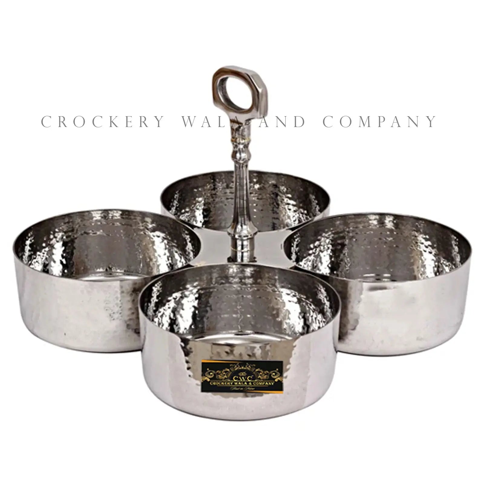 Crockery Wala And Company Stainless Steel Pickle Bowl Set Hammered Design Condimental Pickle Set With Handle 4 Containers - CROCKERY WALA AND COMPANY 