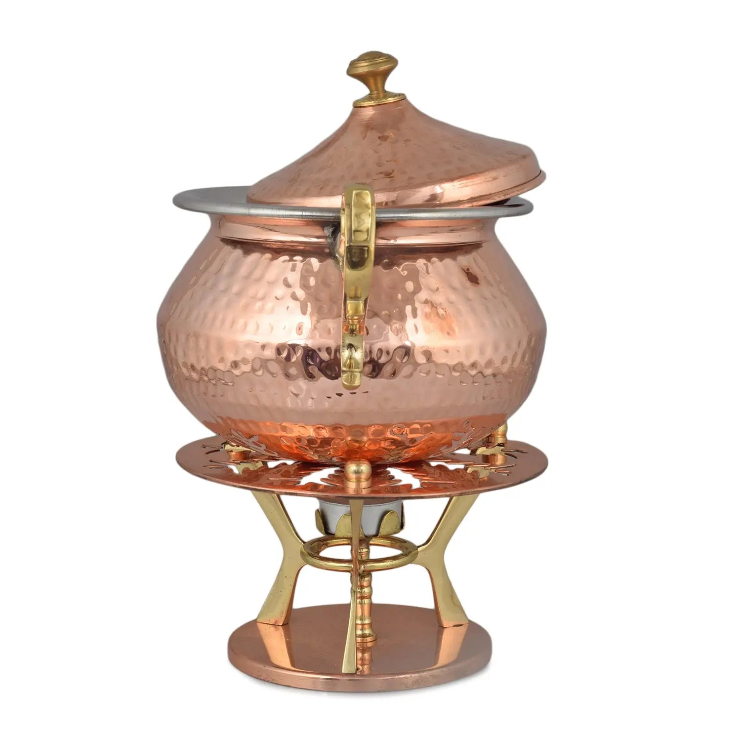 Crockery Wala And Company Copper Steel Hammered Punjabi Handi With Copper Warmer Stand & Copper Lid For Serving Serveware 1200 ML - CROCKERY WALA AND COMPANY 