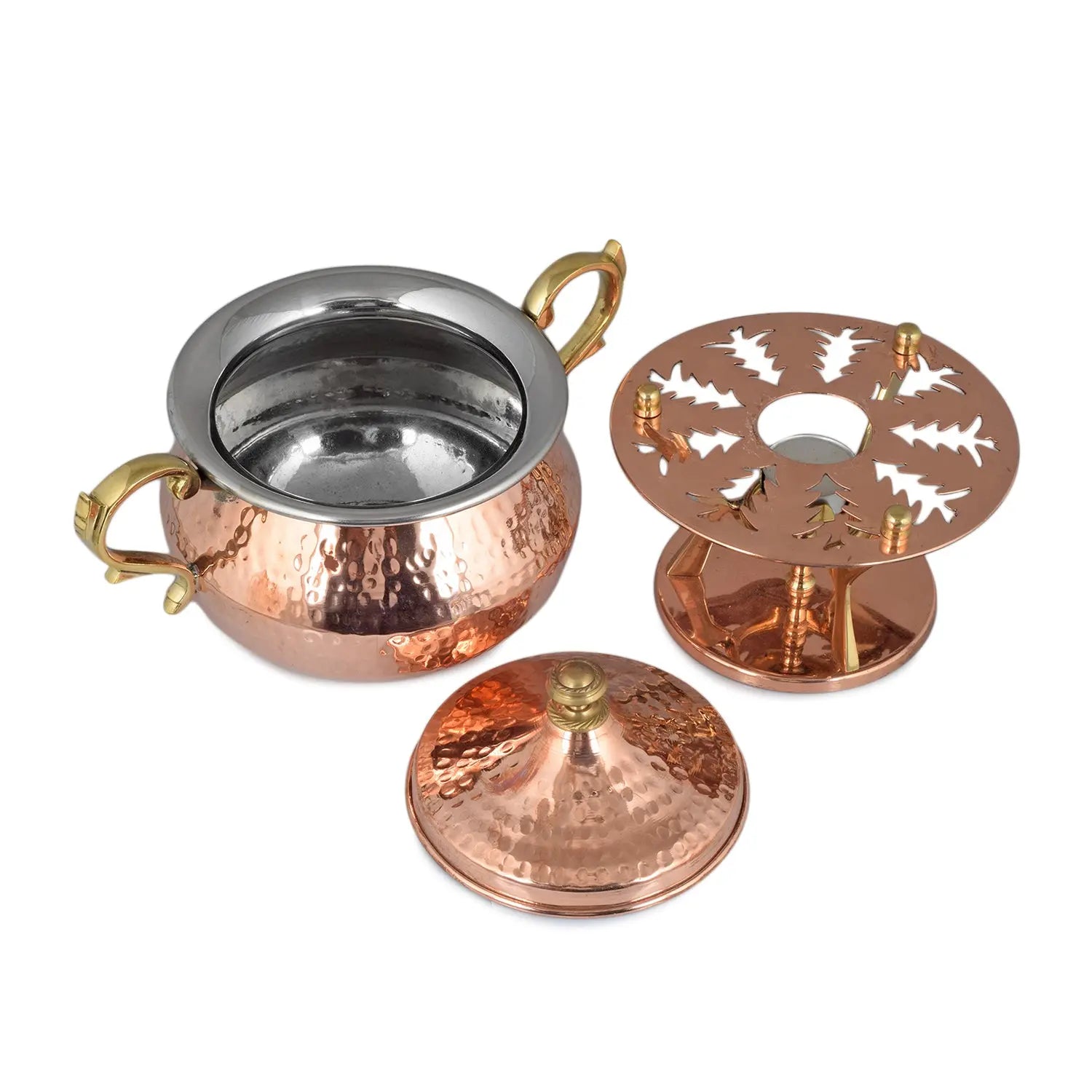 Crockery Wala And Company Copper Steel Hammered Punjabi Handi With Copper Warmer Stand & Copper Lid For Serving Serveware 1200 ML - CROCKERY WALA AND COMPANY 