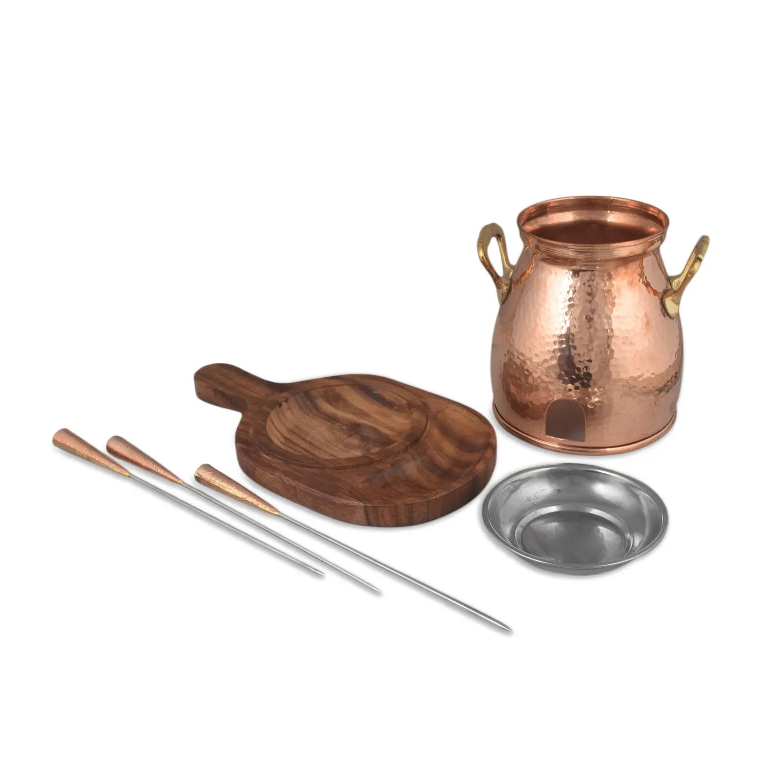 Copper Table Tandoor Set with Wooden Base with 3 barbeque Skewers and 1 Steel Plate - CROCKERY WALA AND COMPANY 