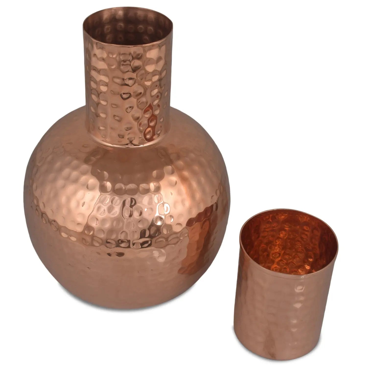 Pure Copper Surai Glass Hammered Design Bedroom Water Copper Bottle with Inbuilt Glass, 2900 ml (Brown) - CROCKERY WALA AND COMPANY 