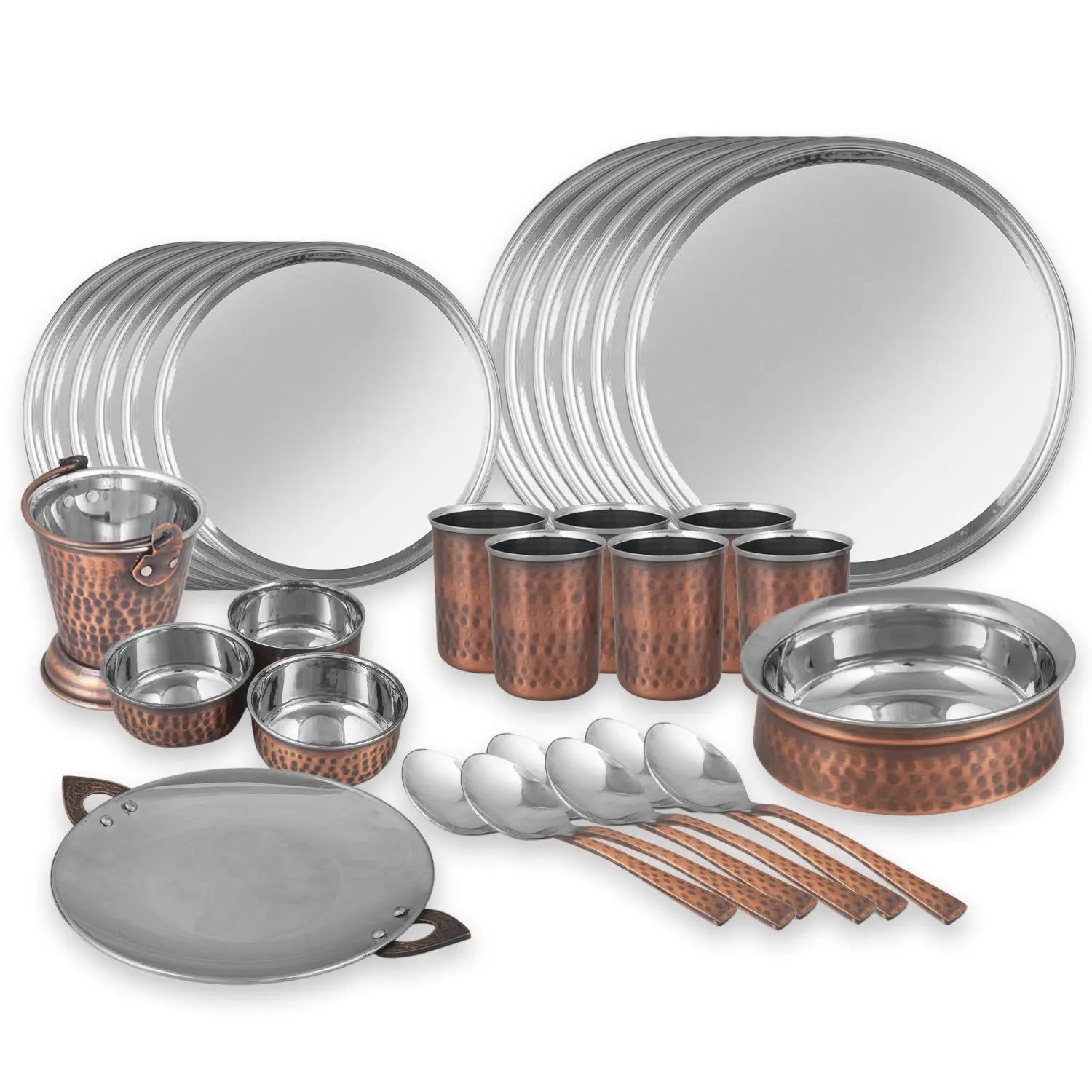 Pure Copper Steel Dining Set Antique Finish 56 pcs - CROCKERY WALA AND COMPANY 