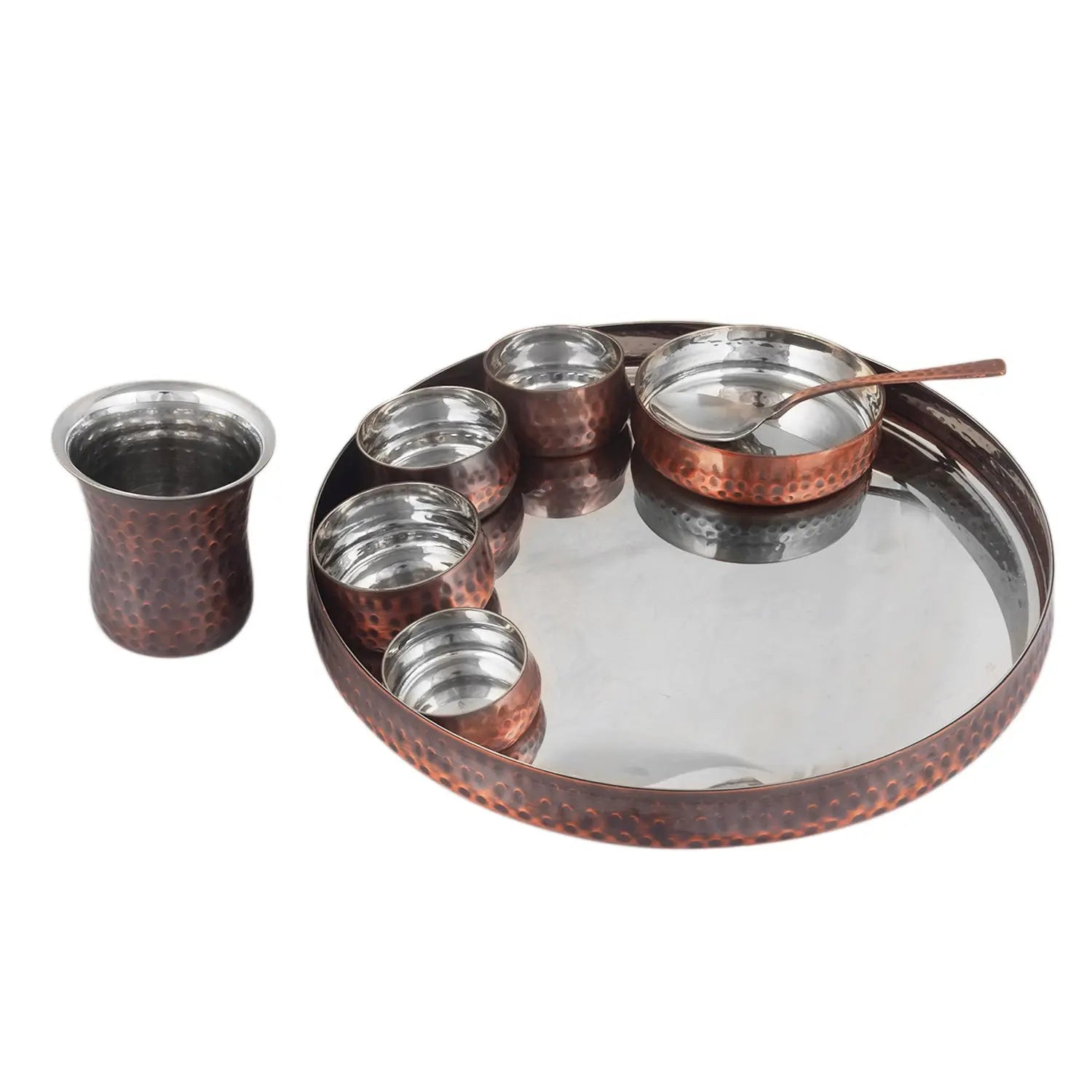 Steel Copper Thali Set Hammered Antique Finish Set Of 8 pcs - CROCKERY WALA AND COMPANY 