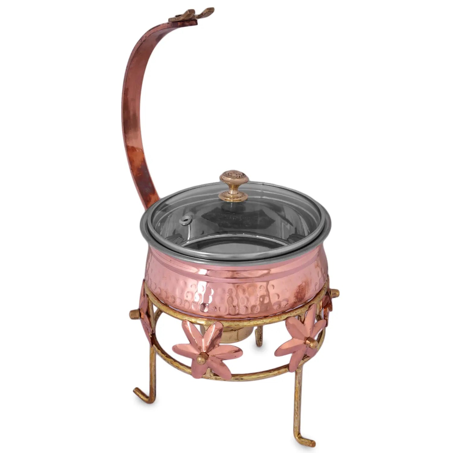 Crockery Wala And Company Copper Steel Hammered Chaffing Dish Copper Serveware With Lid & Brass Stand - CROCKERY WALA AND COMPANY 