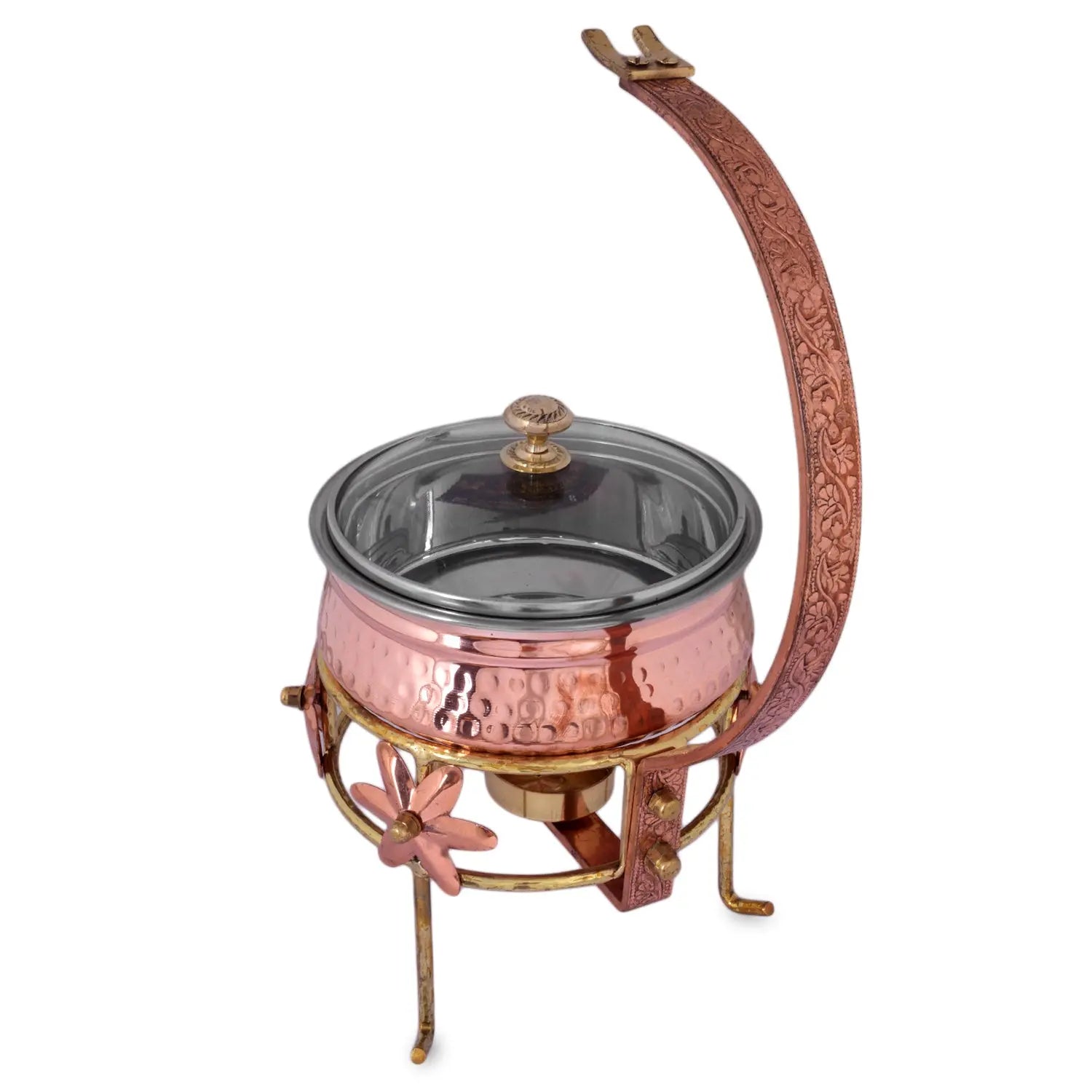 Crockery Wala And Company Copper Steel Hammered Chaffing Dish Copper Serveware With Lid & Brass Stand - CROCKERY WALA AND COMPANY 