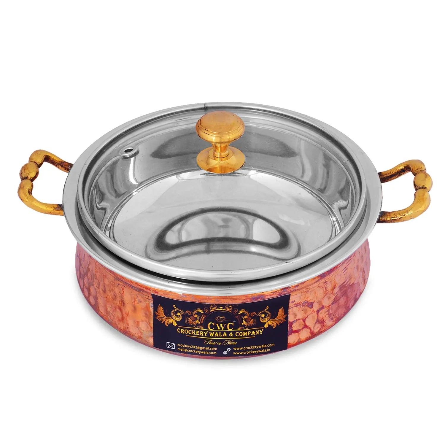 Crockery Wala and Company Hammered Steel Copper Handi Bowl with Glass Lid, Serveware & Tableware, 300 ML - Crockery Wala And Company