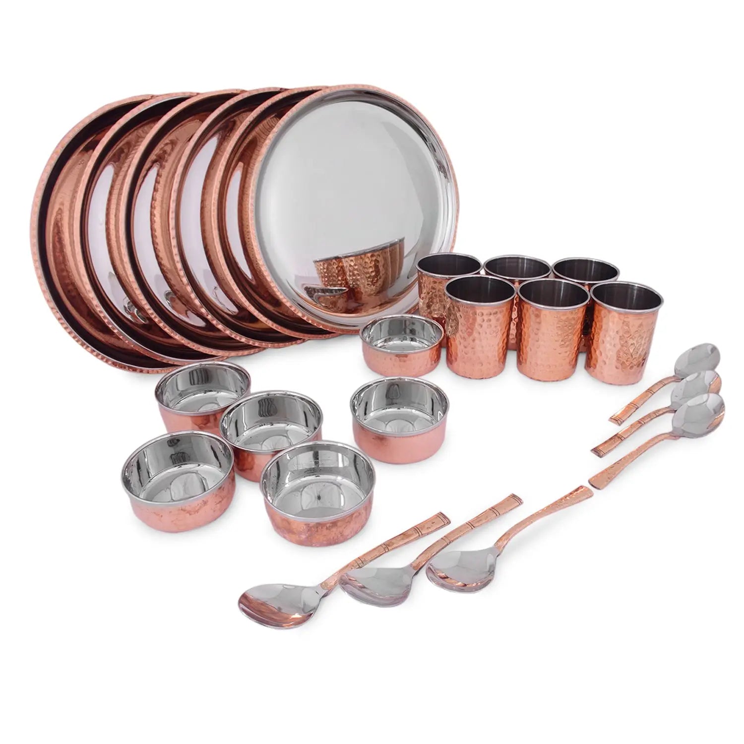 Pure Copper & Stainless Steel Royal Hammered Design Dinner Set 28 pcs - CROCKERY WALA AND COMPANY 