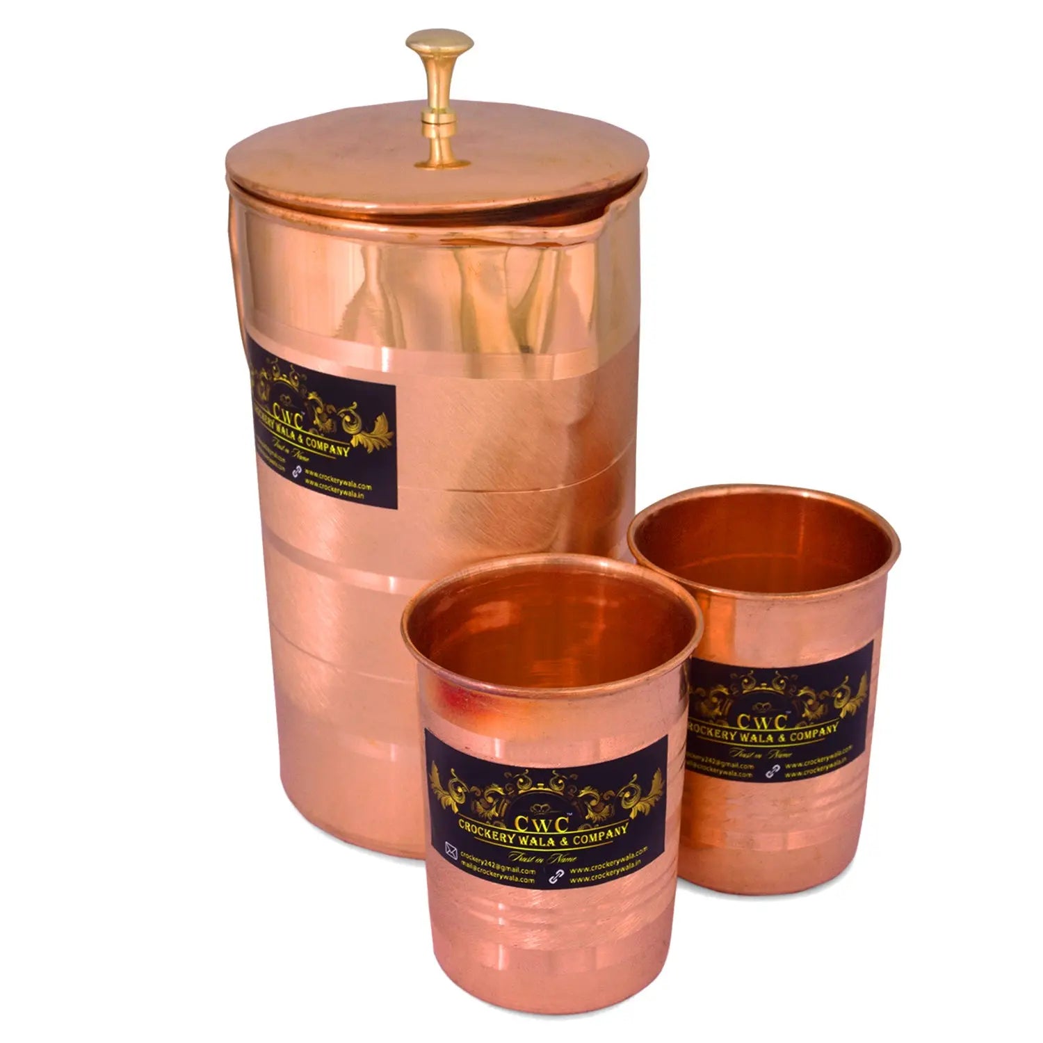 CROCKERY WALA AND COMPANY Copper Handmade Jug with Glass Cup Luxury -Set of 3 - Crockery Wala And Company