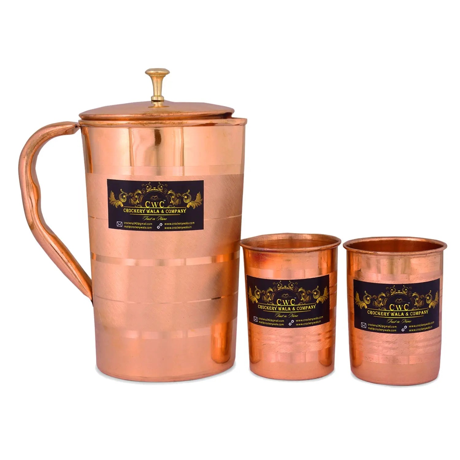 CROCKERY WALA AND COMPANY Copper Handmade Jug with Glass Cup Luxury -Set of 3 - Crockery Wala And Company