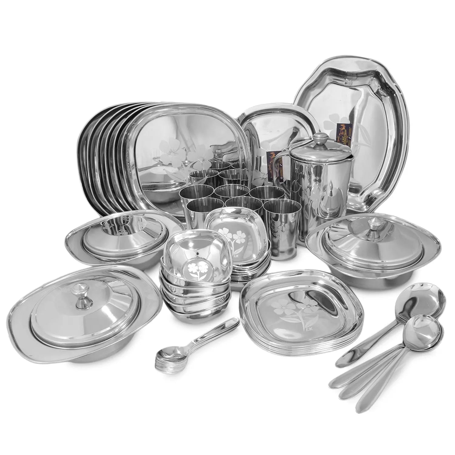 CROCKERY WALA AND COMPANY Laser Stainless Steel Dinner Set, 52 Piece, Square, Silver - Crockery Wala And Company
