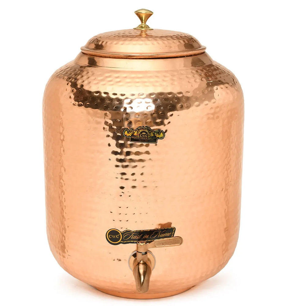 Pure Copper Water Pot Matka Dispenser With Tap Hammered Finish