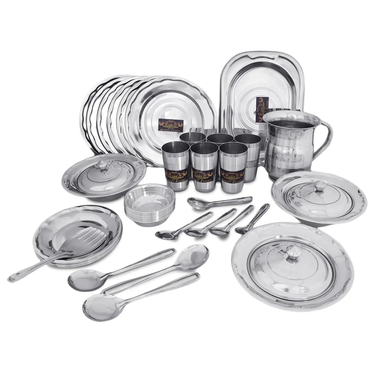 CROCKERY WALA AND COMPANY Stainless Steel Dinner Set, Silver -Set of 51 Piece - Crockery Wala And Company
