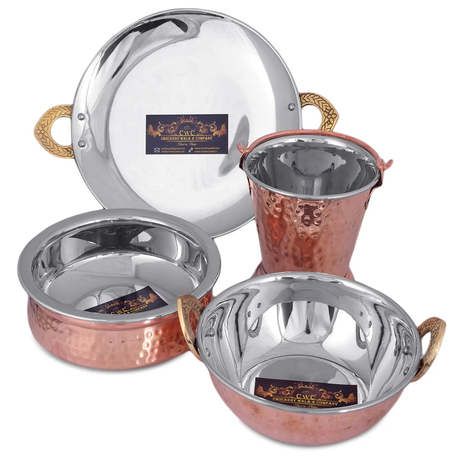 Crockery Wala And Company Steel Copper 1 Bucket Balti, 1 Handi Bowl, 1 Kadai, 1 Tava, Serveware Set, 4 Pcs - Crockery Wala And Company