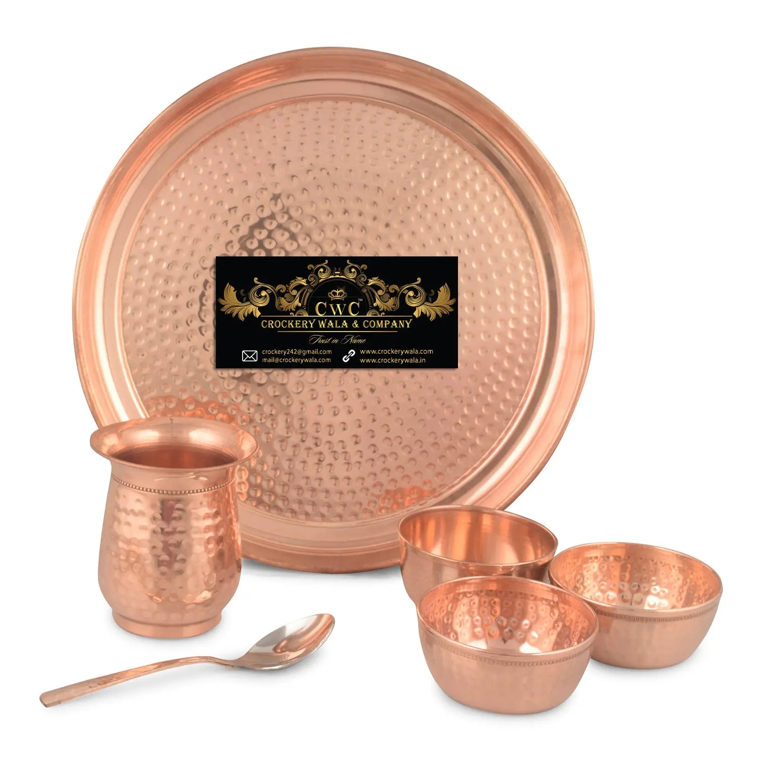 Pure Copper Thali Set 6 pcs Curve Glass - CROCKERY WALA AND COMPANY 