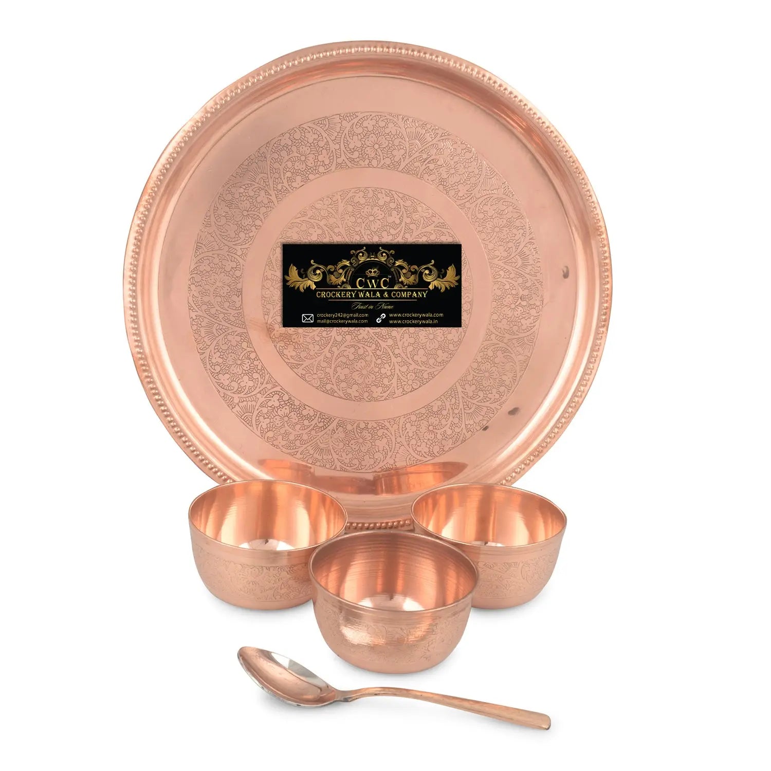 Pure Copper Plate Set Itching W/O Glass 5 pcs - CROCKERY WALA AND COMPANY 