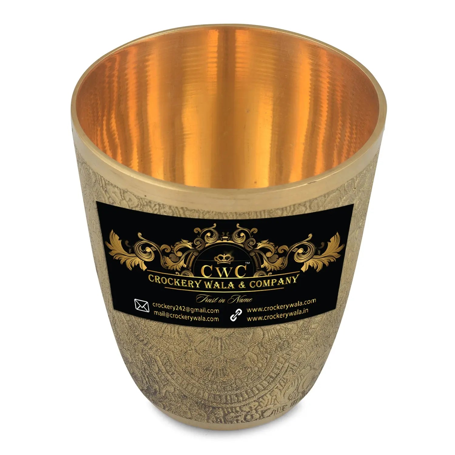 Pure Brass Embossed Glass Tumbler for Serving and Drinking Water 200 ml - CROCKERY WALA AND COMPANY 