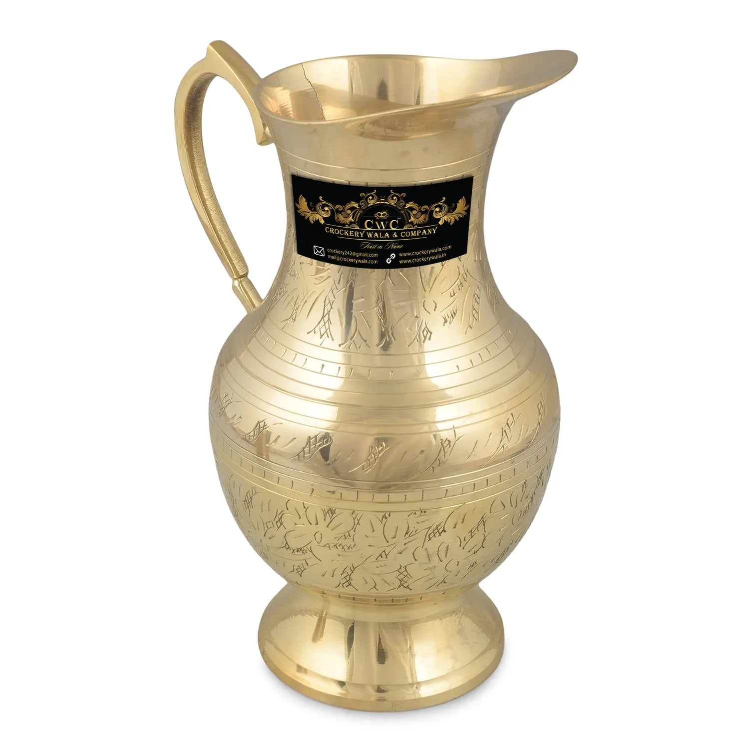 Crockery Wala And Company Brass Mughalai Jug For Serving Water & Drinks Brass Jug Tumbler With 6 Brass Glasses Jug 1500 ML - CROCKERY WALA AND COMPANY 