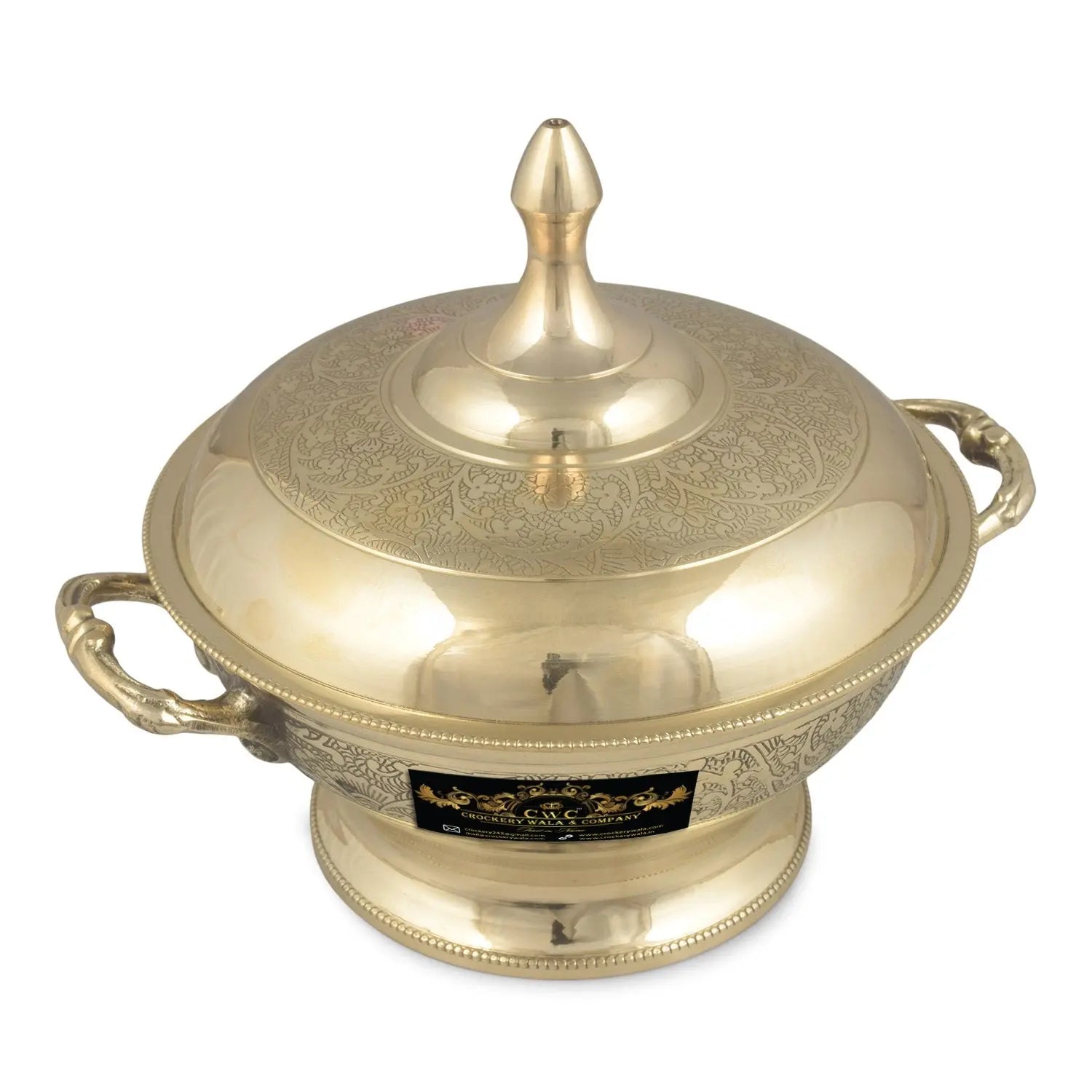 Pure Brass Maharaja Style Casserole Donga Bowl for Serving with Lid and Handle 1000ML - CROCKERY WALA AND COMPANY 