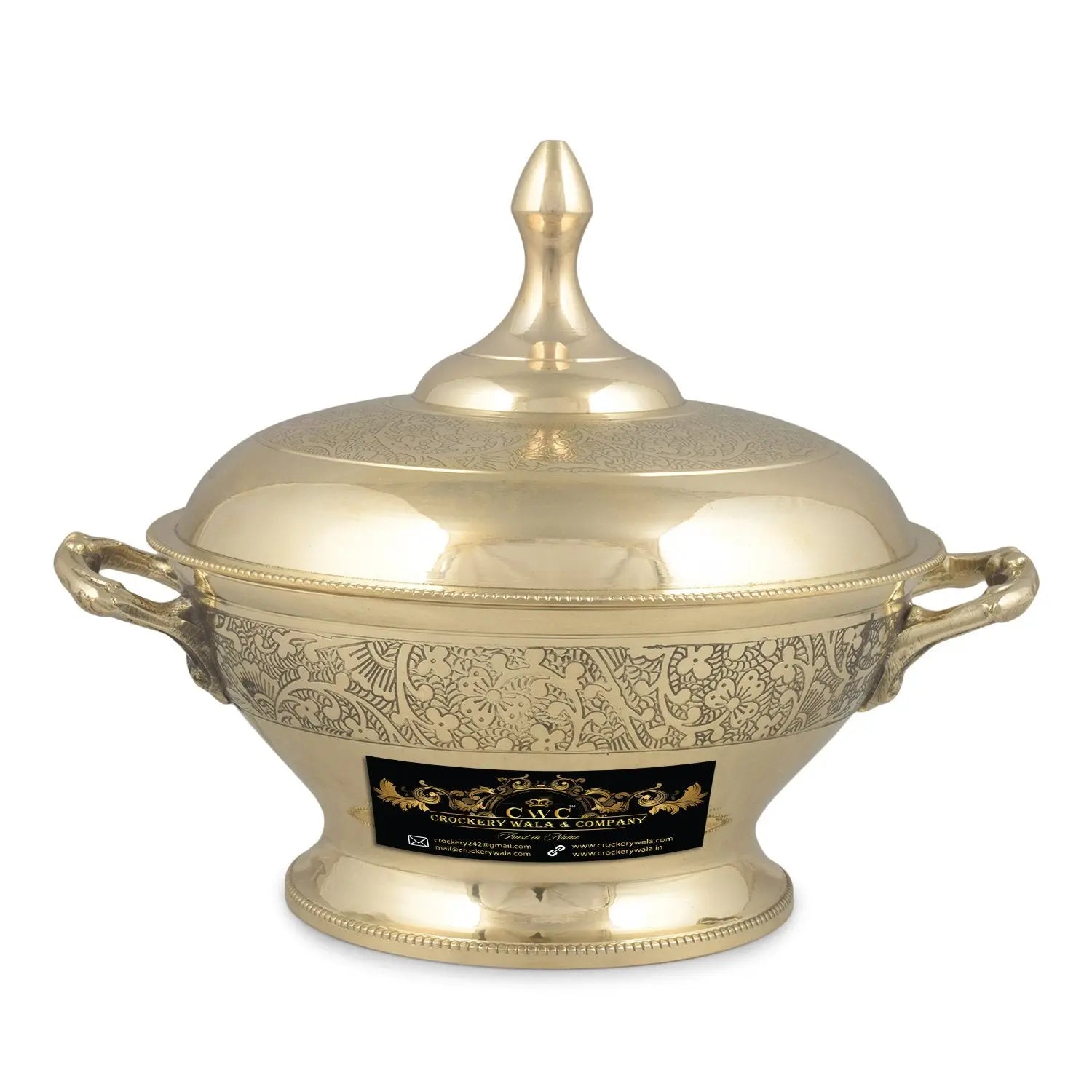 Pure Brass Maharaja Style Casserole Donga Bowl for Serving with Lid and Handle 1000ML - CROCKERY WALA AND COMPANY 
