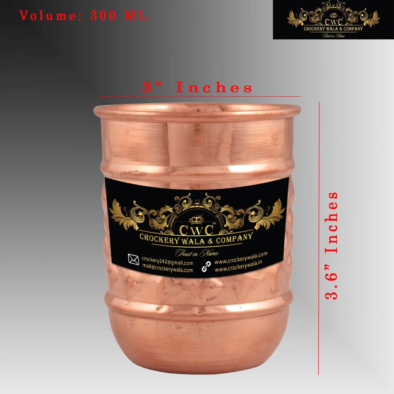 Crockery Wala And Company Pure Copper Glass 300 ML Diamond Finish Copper Glass || 1 Pc Glass - CROCKERY WALA AND COMPANY 