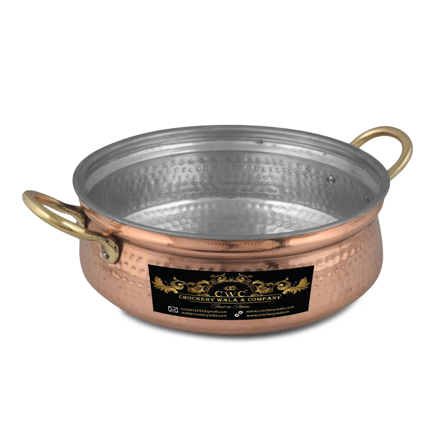 Crockery Wala And Company Pure Copper Kalai Handi For Serving & Cooking Pure Copper Hammered Handi With Brass Handles || 9" Inches - CROCKERY WALA AND COMPANY 