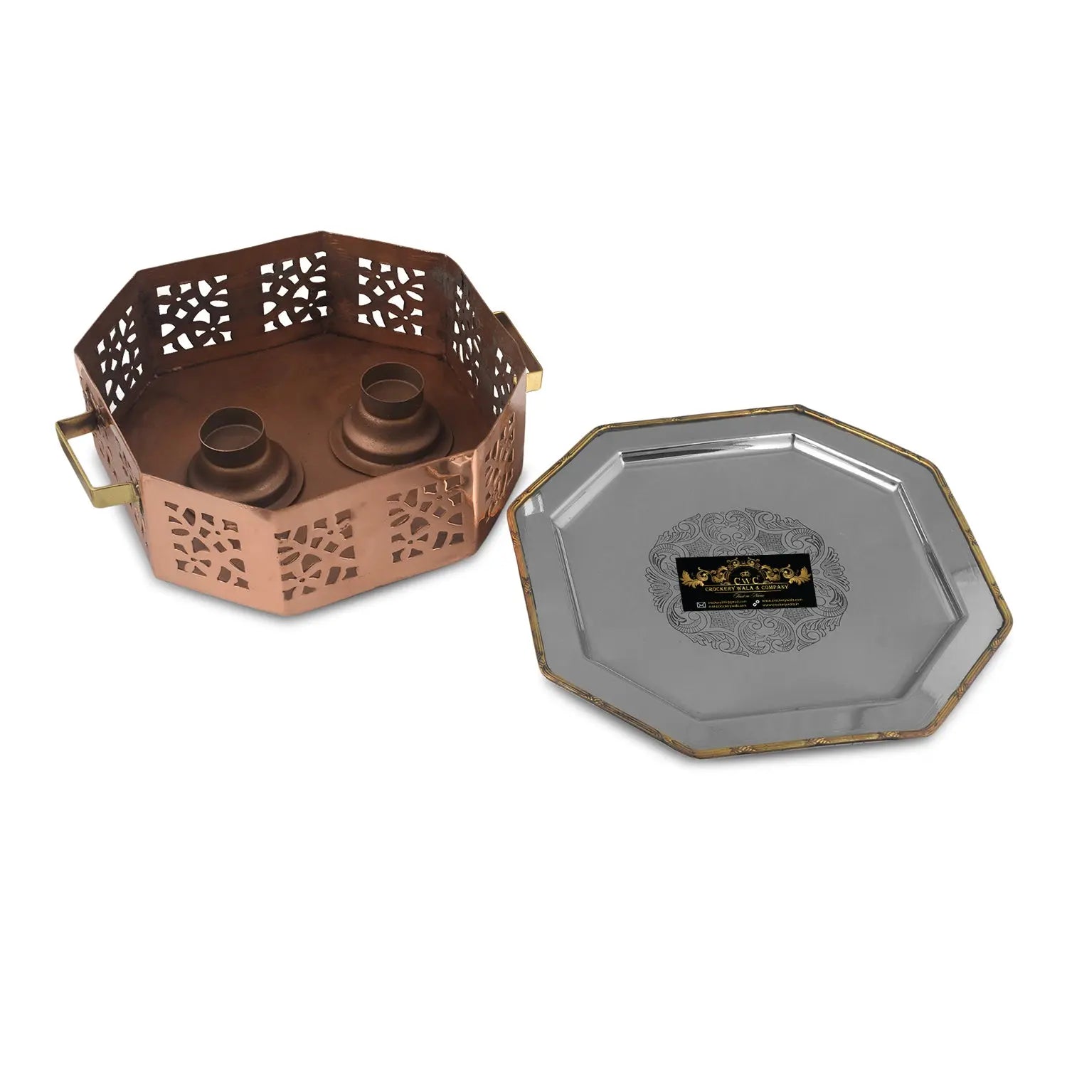 Pure Copper Snack Warmer With Upper Steel Plate Octagon - CROCKERY WALA AND COMPANY 
