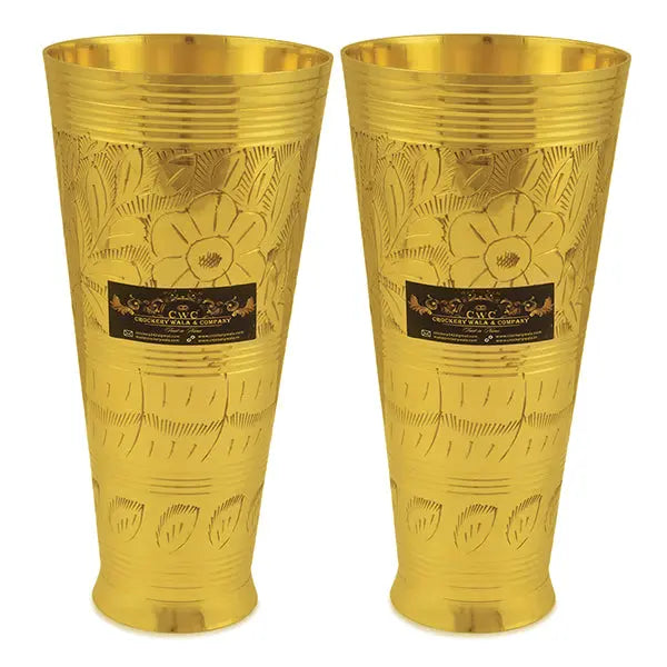 Pure Brass Punjabi Flower Embossed Design Lassi Glass Tumbler, Drink ware (1050ml) Set of 2 - CROCKERY WALA AND COMPANY 