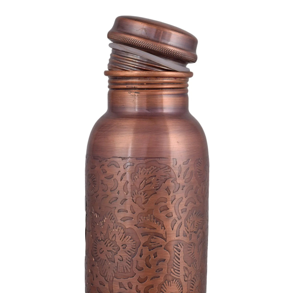 Pure Copper Water Bottle Antique Finish With All Over Design