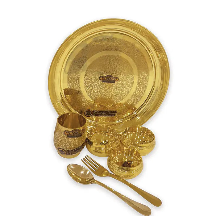 Pure Brass Thali Set 7 pcs Rajwara Design - CROCKERY WALA AND COMPANY 